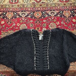 ALBERTO MAKALI Vintage Y2K Mohair Beaded Batwing Sweater Black Silver Large